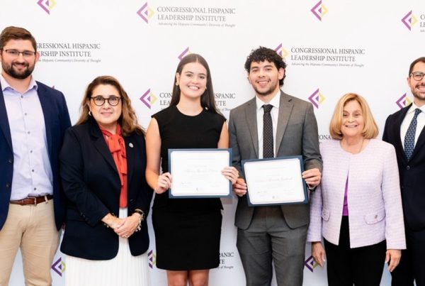 Pictured from left to right: Leo Muñoz, Comcast; Ryan O’Connor, Capital One; Mary Ann Gomez Orta, CHLI President and CEO; Alicia Marrero-Riera, Summer Law Fellow; Victor Alvarado Graterol, Summer Law Fellow; The Honorable Ileana Ros-Lehtinen, CHLI Chairwoman; Keith Fernandez, CHLI Alumni Association President, DoorDash; and Omar Franco, Becker